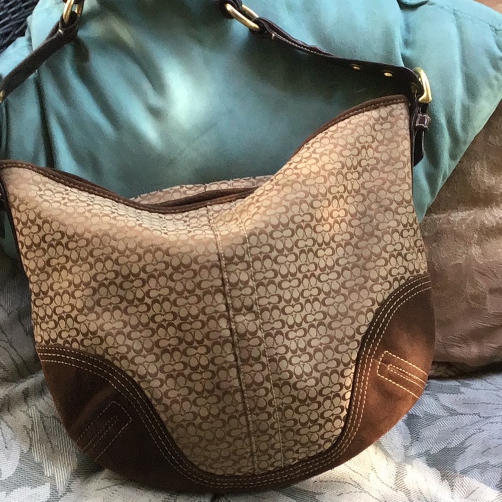 Coach Signature Pattern Shoulder Bag in Brown and Tan